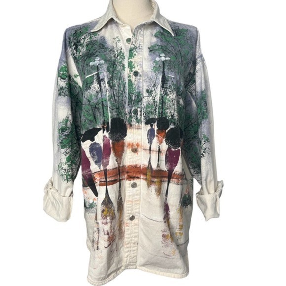 Marguerita Oversized Hand Painted Off White Denim Shacket Top Size M‎ - Picture 3 of 15